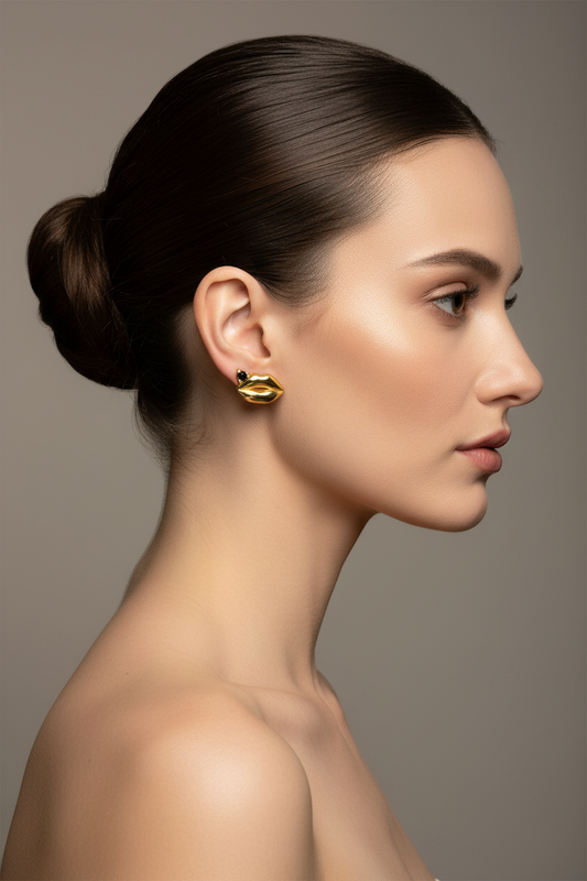 Woman Wearing Gold Oval Earrings - Editorial