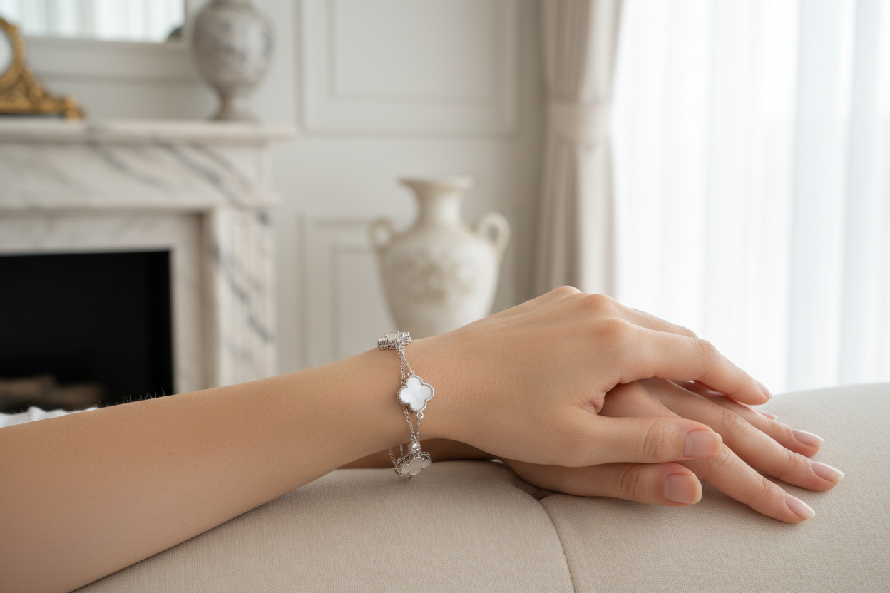 Woman Wearing Clover Link Bracelet