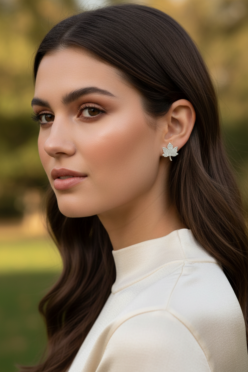 925 Sterling Silver Maple Leaf Stud Earrings - Lifestyle Shot