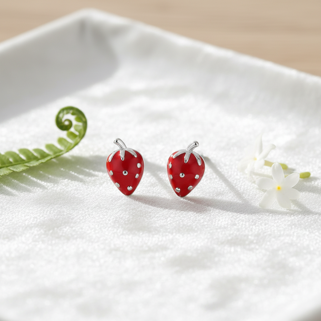 925 Sterling Silver Strawberry Stud Earrings - Flat Lay