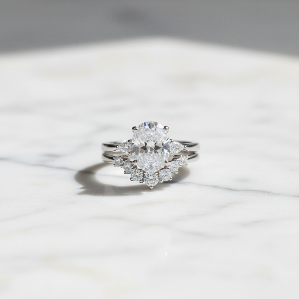 Sterling silver bridal ring set on marble table