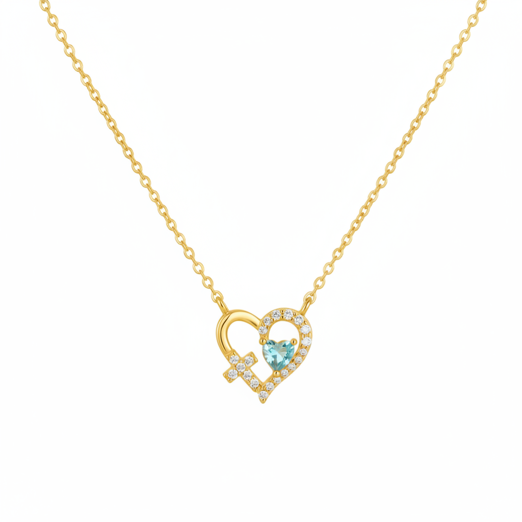 18K Gold Plated Sterling Silver Heart Necklace with Aqua Cubic Zirconia on white background