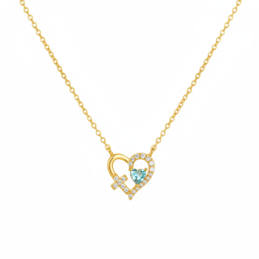 18K Gold Plated Sterling Silver Heart Necklace with Aqua Cubic Zirconia on white background