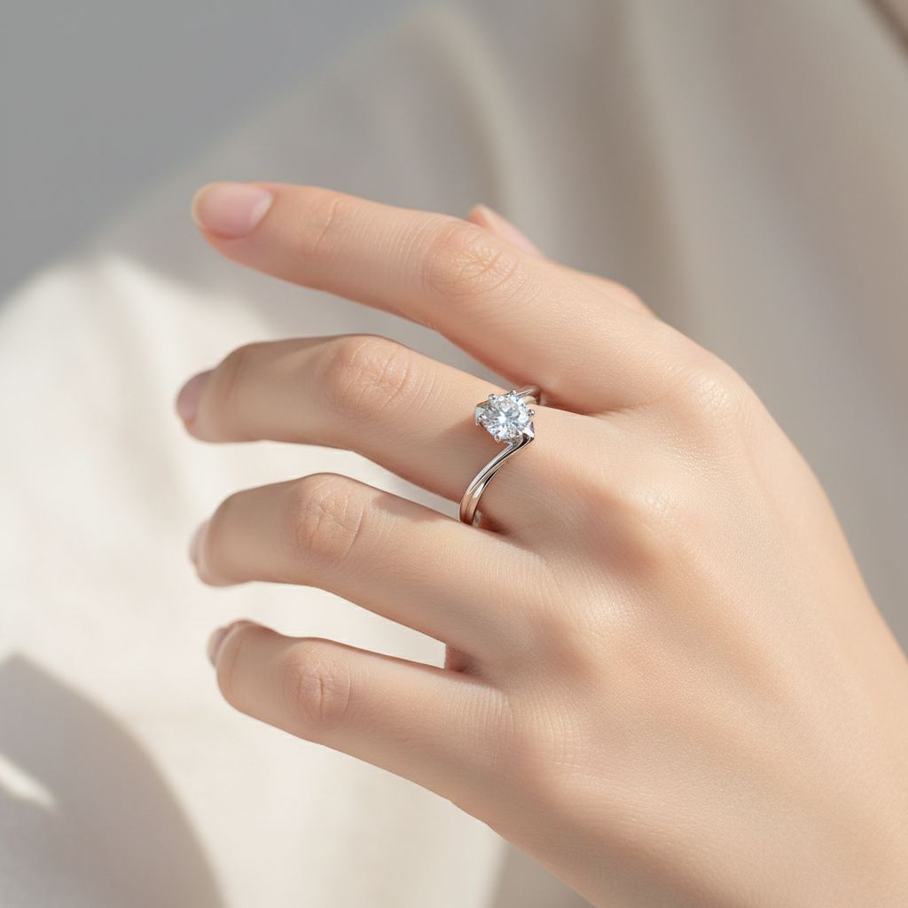 Woman wearing sterling silver solitaire ring