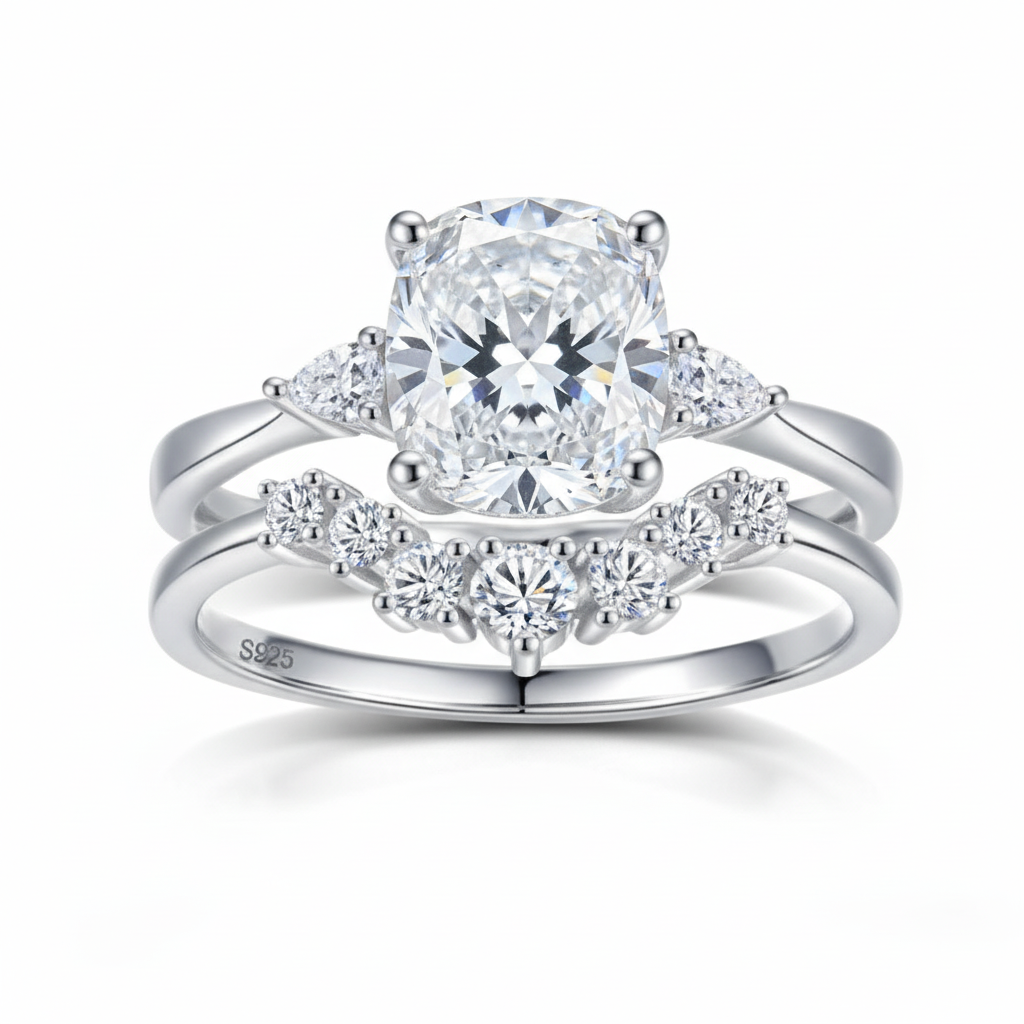 Close-up detail of sterling silver bridal ring set