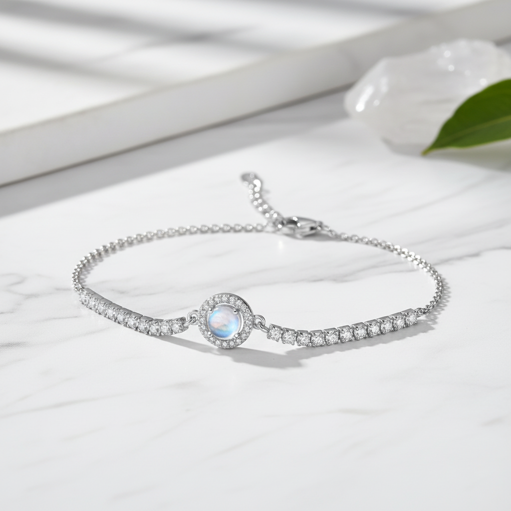 925 Sterling Silver Round Moonstone Bracelet with Cubic Zirconia