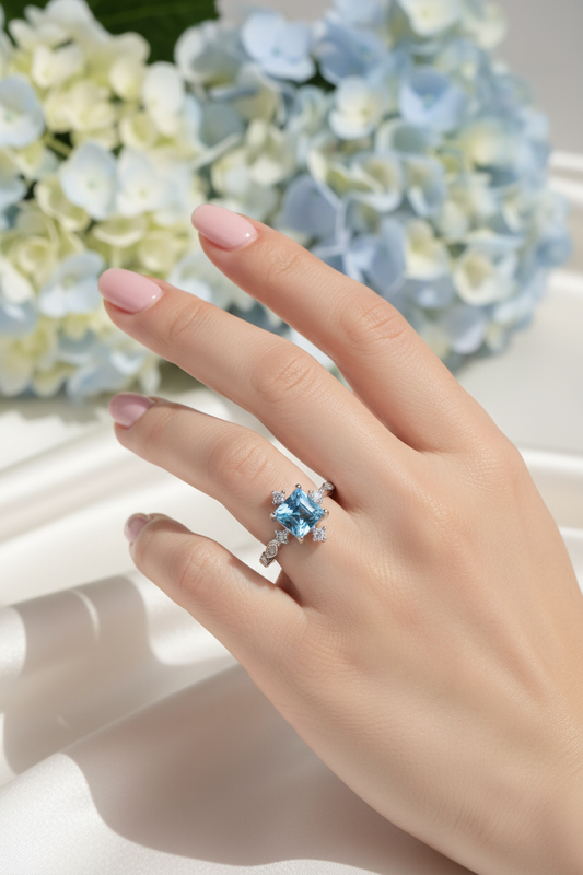 Woman Wearing Blue Topaz Ring
