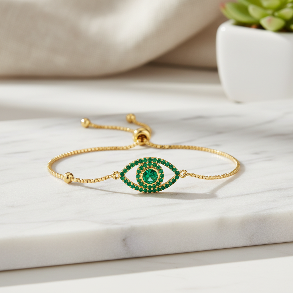 Gold-Plated 925 Sterling Silver Evil Eye Bracelet - Green
