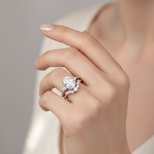 Woman wearing sterling silver moissanite bridal ring set