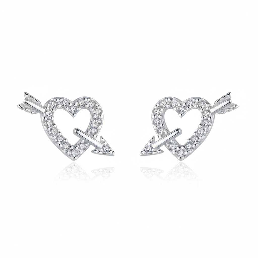 Heart & Arrow CZ Stud Earrings - White Background