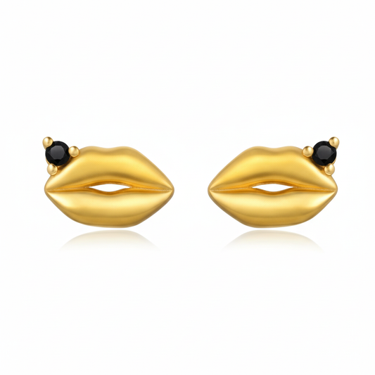 Gold-Plated Oval Earrings with Black Stones - White Background