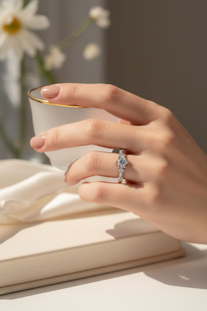 Woman Wearing Adjustable CZ Ring