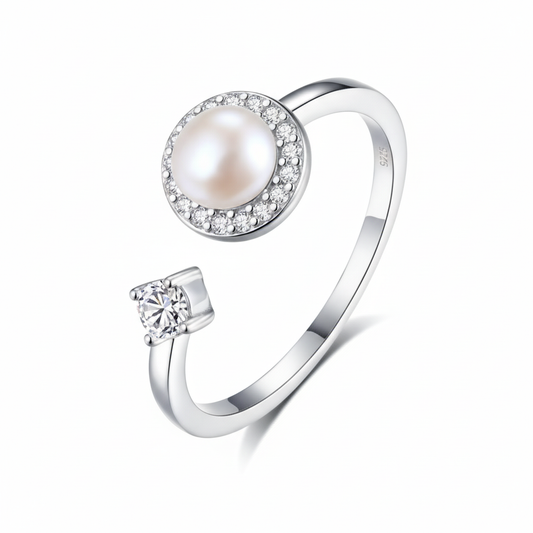 Pearl and CZ Ring White Background