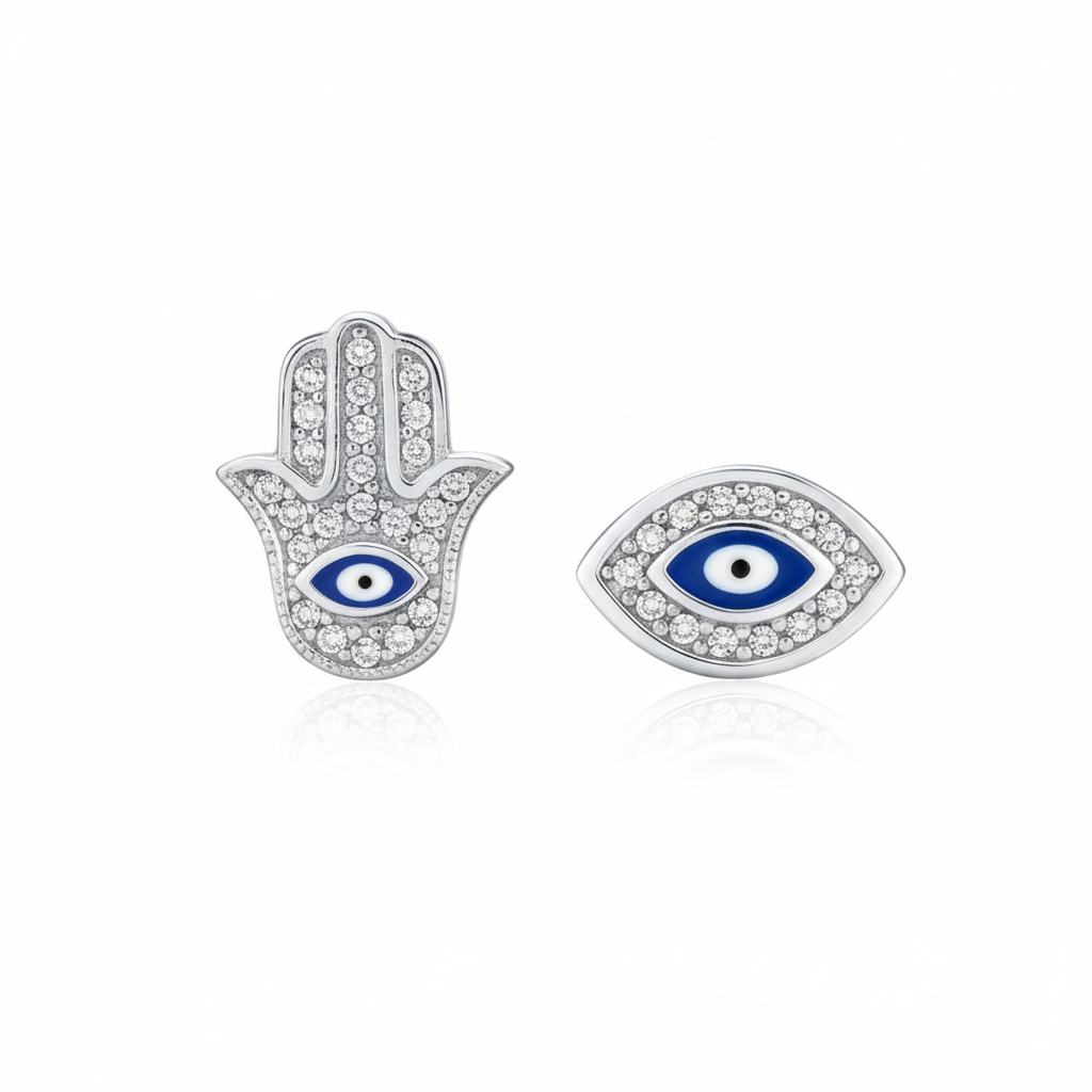 925 Sterling Silver Hamsa & Evil Eye Stud Earrings - White Background
