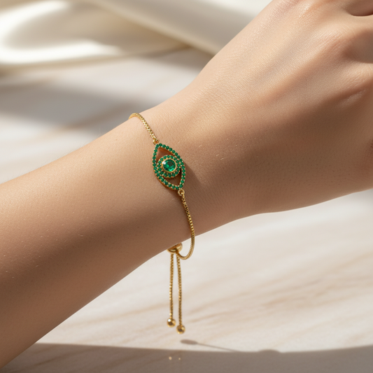Gold-Plated 925 Sterling Silver Evil Eye Bracelet - Green