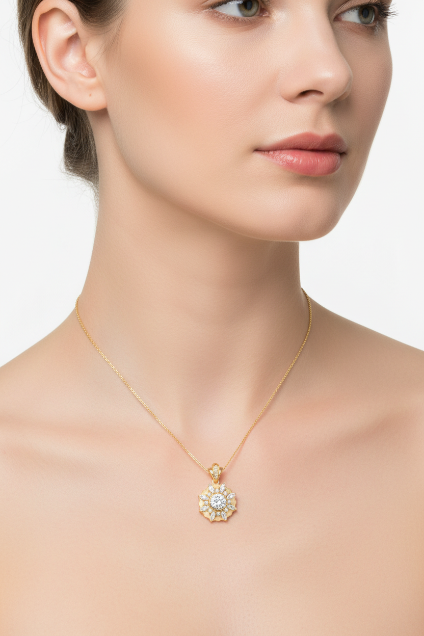 Gold floral halo CZ necklace worn by model