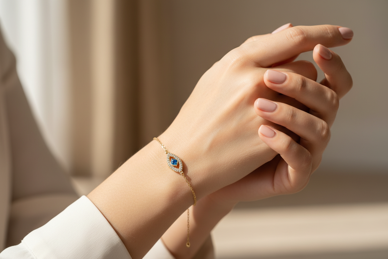 Woman Wearing Gold Evil Eye Bracelet - Lifestyle Photo