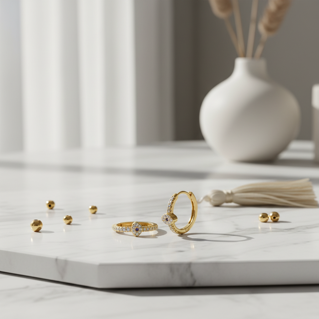 Gold Hoop Earrings on Marble Table
