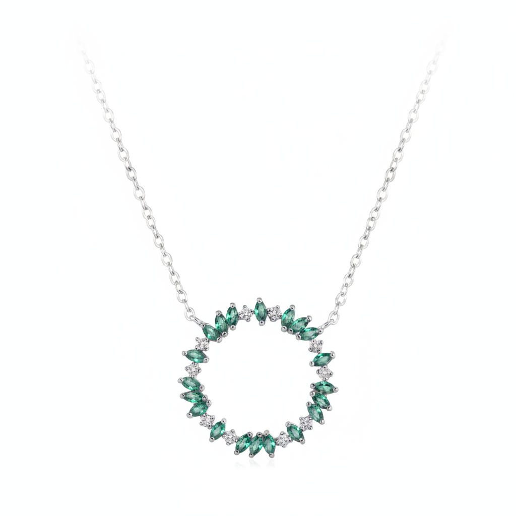 925 Sterling Silver Green CZ Circle Wreath Necklace on white background