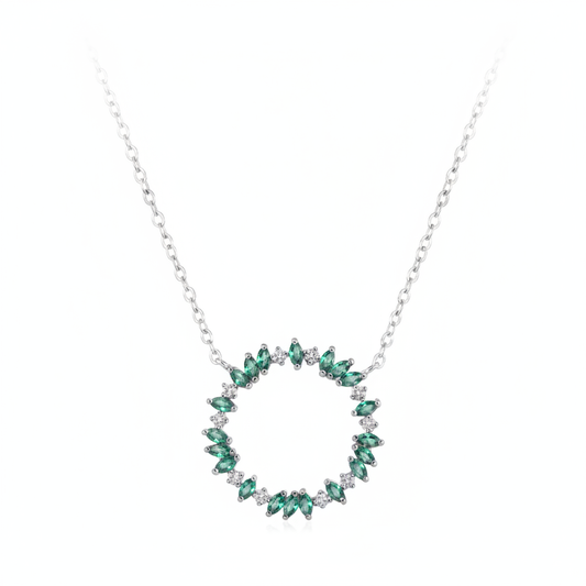 925 Sterling Silver Green CZ Circle Wreath Necklace on white background