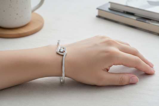 Woman Wearing Delicate Evil Eye Bangle - Lifestyle