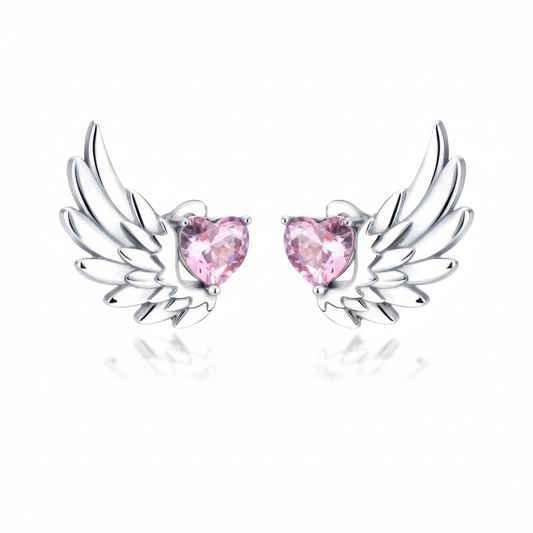 Silver Angel Wing Pink Heart Earrings - White Background